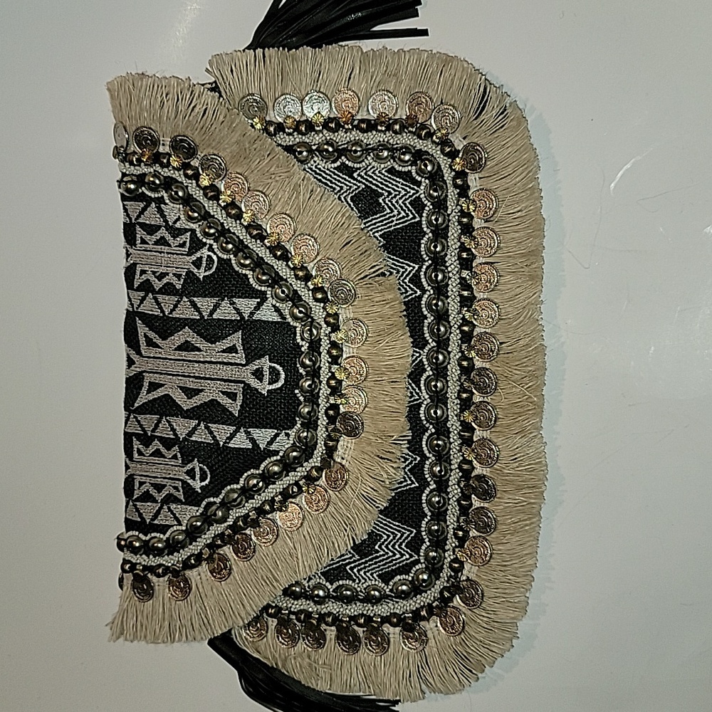 SHASHI LEELA BOHO CLUTCH/ CROSSBODY BAG W FRINGE & SILVERTONE EMBELLISHMENTS